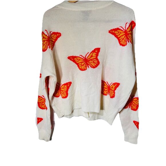 Runway Sz M Monarch Butterfly Orange White Cardigan Sweater Y2k Women's Knit - Picture 7 of 8
